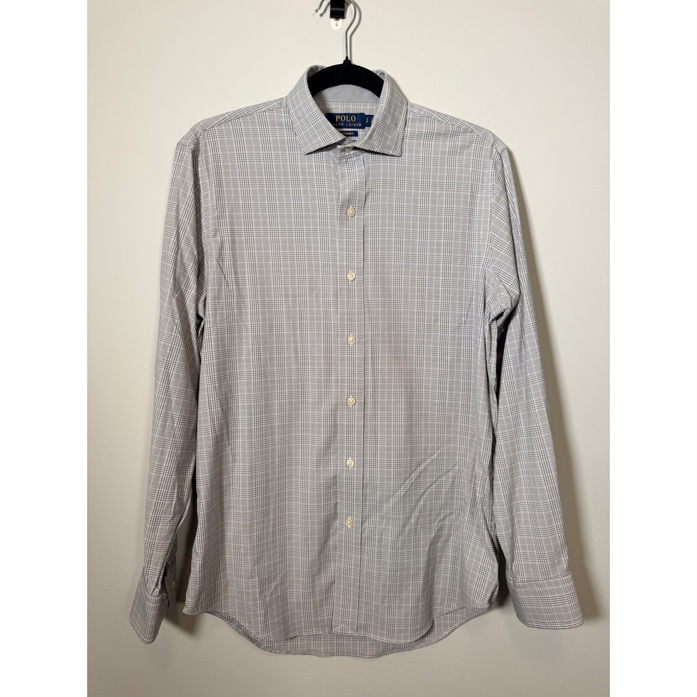 Polo Ralph Lauren Performance Shirt Mens Small Grey White Plaid Stretch Dress